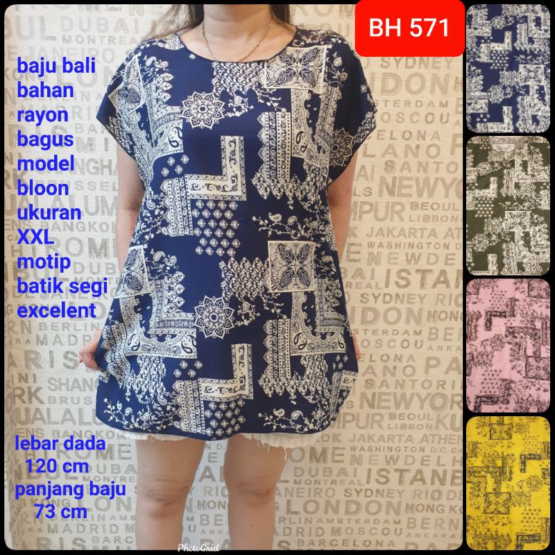 BH 571 baju bali model bloon motip batik kotak ukuran XXL jumbo warna naci