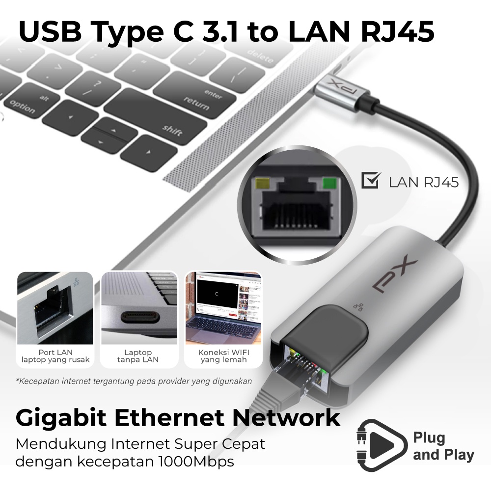 USB Hub Type C 3.1 Converter to Gigabit RJ45 LAN 1000 Mbps PX UCH1J