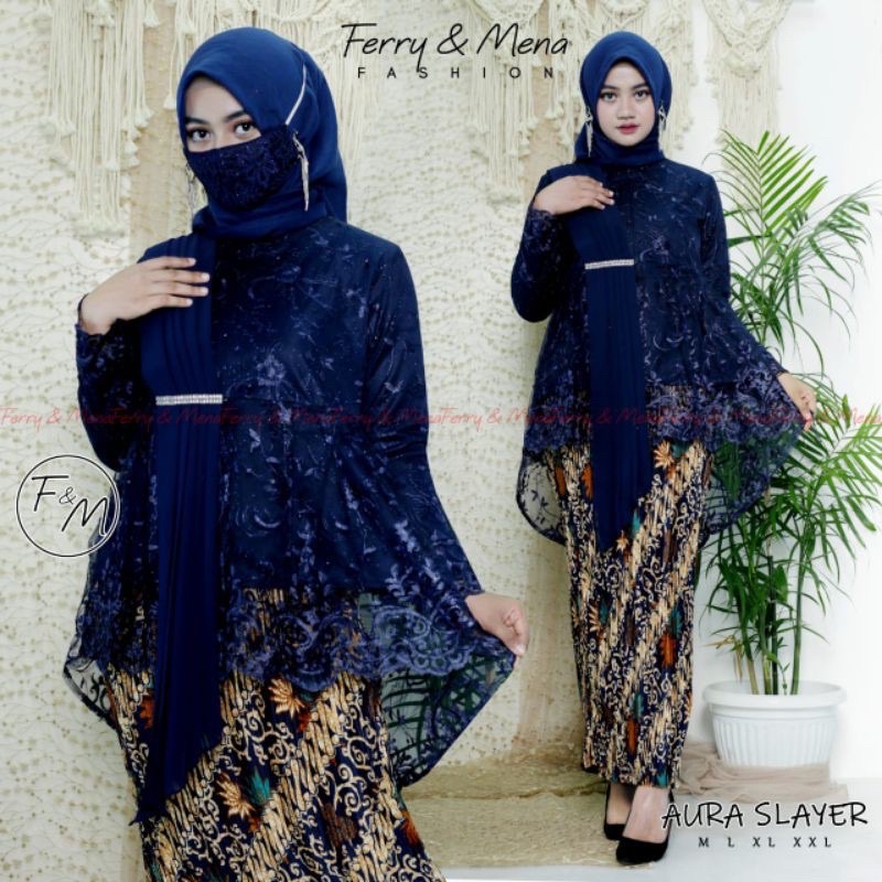 (Realpict) set kebaya aira selendang/set kebaya aurora selendang/kebaya modern/blouse Amalia-set navy