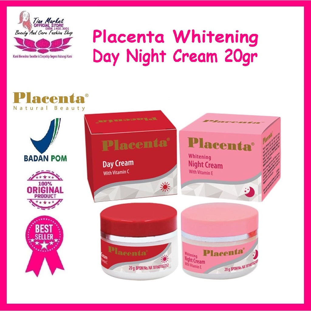 Placenta Krim Pelembab Wajah Mencerahkan Siang Malam Whitening Day Night Cream 20gr Halal Bpom