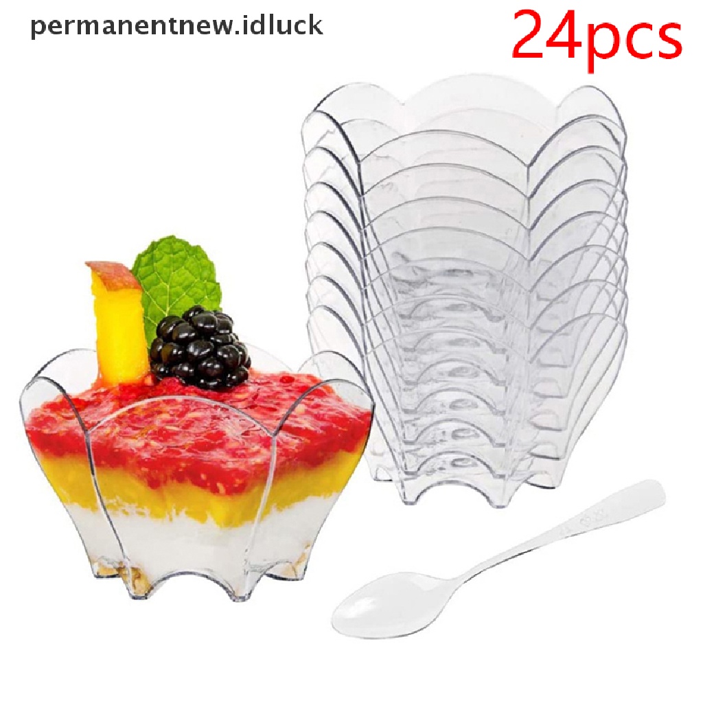 24 Pcs Mangkok Plastik Transparan Motif Bunga Untuk Dessert Es Krim Mousse