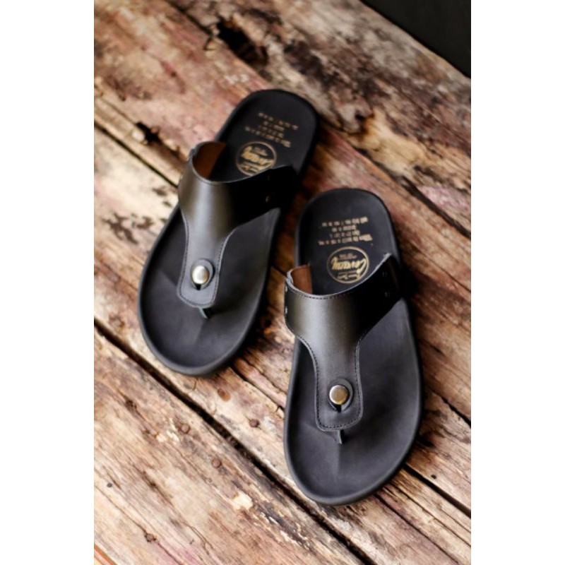 Sandal Pria Cevany Footwear Ban Dua Jepit Hitam Bahan Kulit Sapi Asli -Sandal Ban Dua Jepit Pria