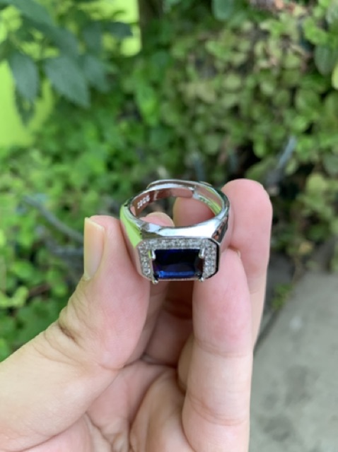 Cincin Perak Pria Sterling Silver 925 Batu Blue Safir Cubic Zirconia Size Bisa Diubah-ubah / Resize