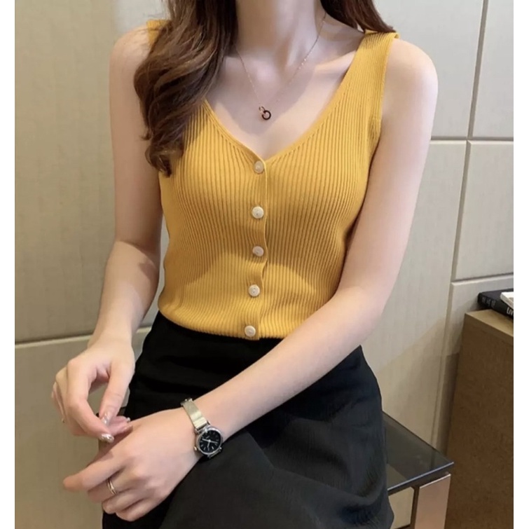 TANK TOP VNECK NAOMI ATASAN WANITA TANPA LENGAN RAJUT IMPORT