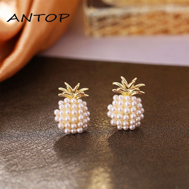 Anting Bentuk Nanas Aksen Mutiara Bahan Alloy Gaya Korea Aksesori busana ANTOP