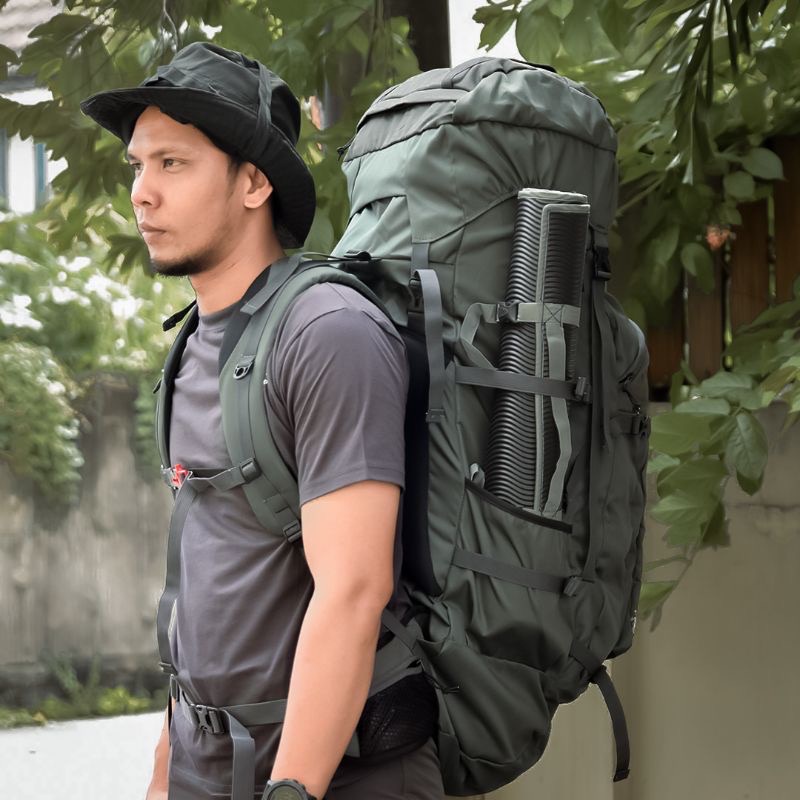 Tas Ransel Gunung Carrier Outdoor Hiking 60 Liter Pria Free Rain Cover Bag - Irco Ksatria Hijau Army