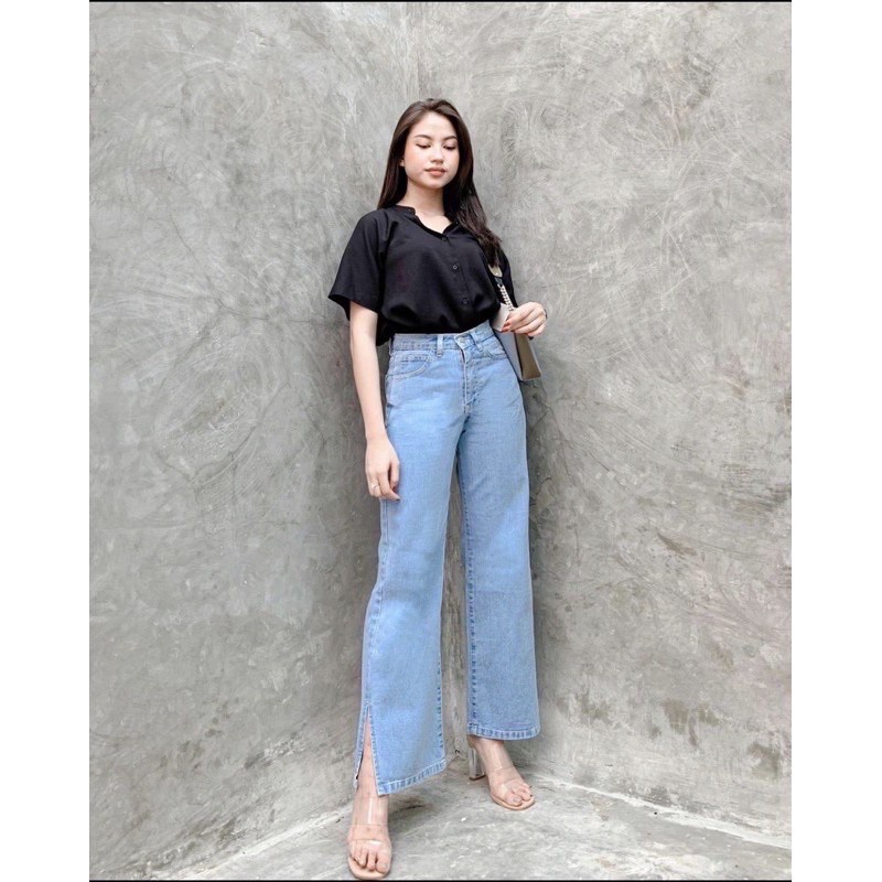 CELANA WANITA KULOT JEANS BELAH SAMPING KEKINIAN