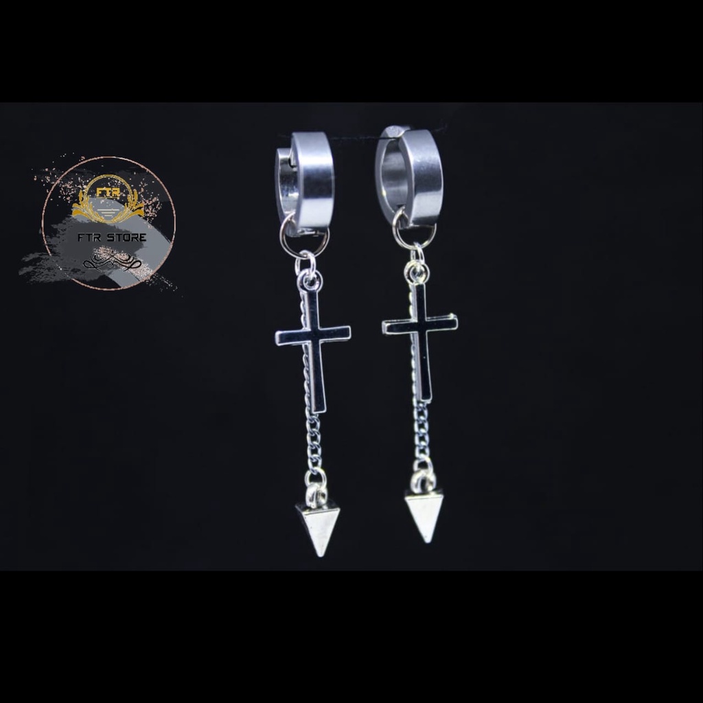 IP-CC anting tindik dan jepit koirea model salib rantai bandul/ anting korea model terbaru/ Anting/ Anting salib