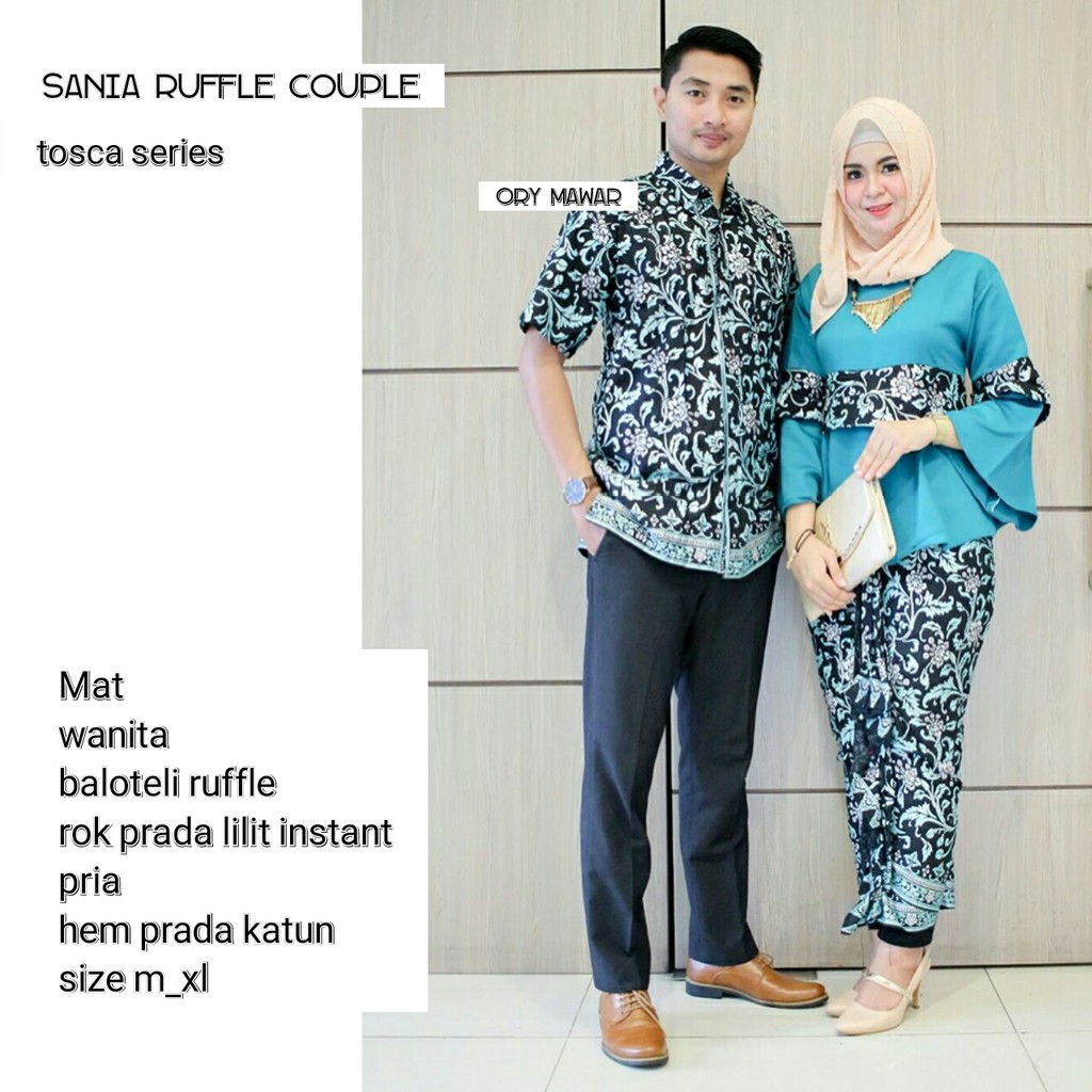 Sarimbit Batik Elegant Couple Sania Mawar ruffle - Warna Ungu, Tosca, Late, Biru, Kuning - M L XL