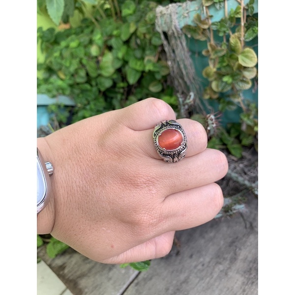 Cincin Batu Paparaca Orange Fenomena Cat Eye Langka Ring Motif Bali Elegan Kantoran