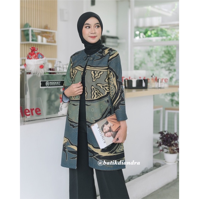 Batik Gamis Atasan Wanita Kekinian Hijab Panjang Modern Couple by Naura Outer Navy