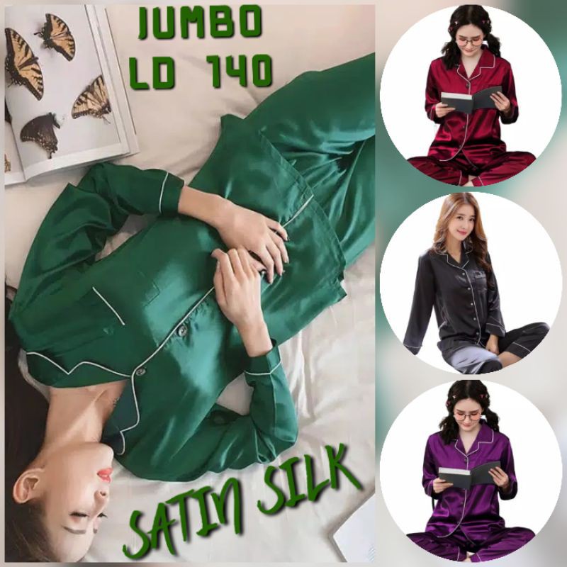 Baju Piyama Jumbo Lengan Panjang LD 140 Set Piyama Celana Big size Satin Polos Wanita Dewasa