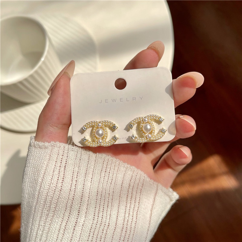 Anting Huruf C Ganda Mutiara Kecil Untuk Wanita Aksesoris Telinga fashion Korea