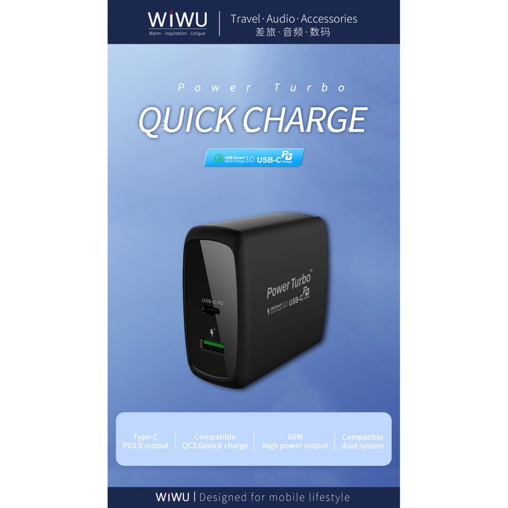 WIWU POWER TURBO PD-005PT - 60W Power Turbo Charger PD + QC3.0 Charger