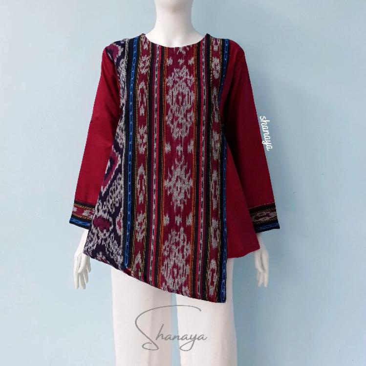 Special Price.. Shanaya Baju Batik Wanita Blus Marun Navy Tenun Belakang Toyobo Batik Kerja Batik Ku
