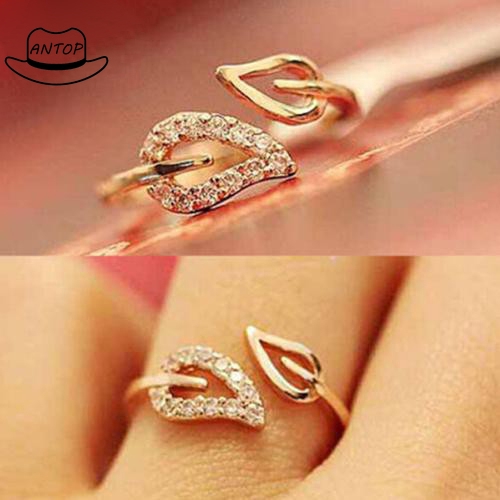 Antop！Cincin Daun dengan Berlian Imitasi Adjustable