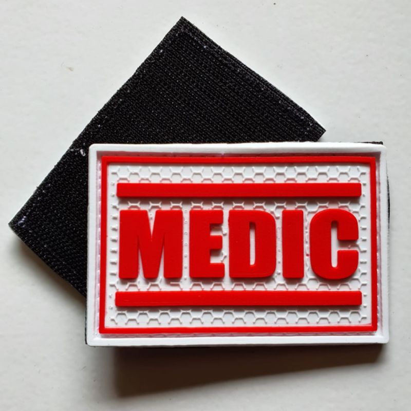 patch rubber logo tulisan medic dasar putih / tempelan emblem karet velcro