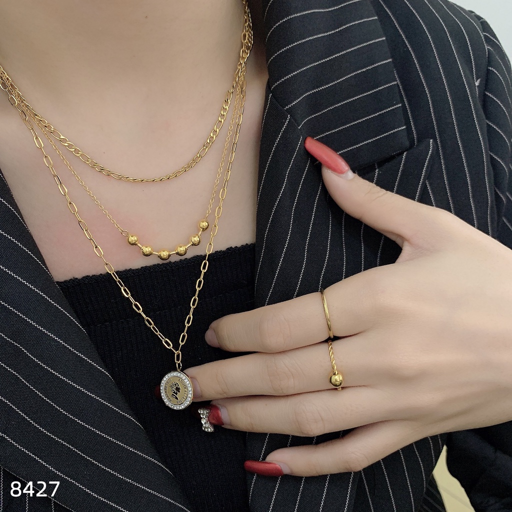 Kalung Titanium Rantai 3Susun Permata Perhiasan Fashion 8427