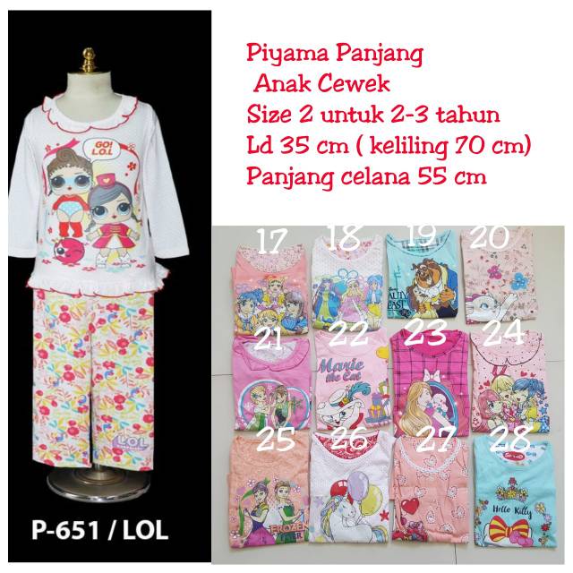 Piyama Panjang Premium Kartun Anak Cewe Size 2 ( 2-3tahun)