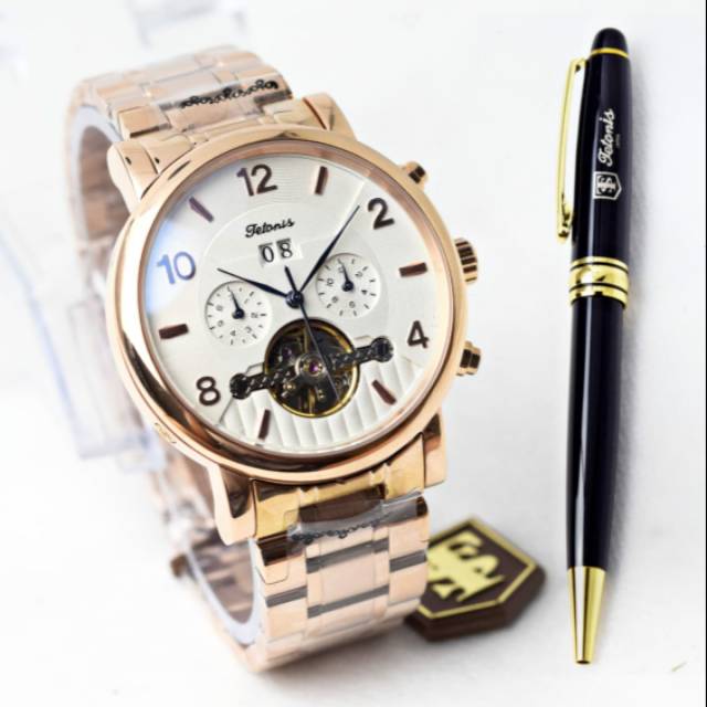 JAM TANGAN PRIA TETONIS AUTOMATIC RANTAI STAINLESS FREE PULPEN