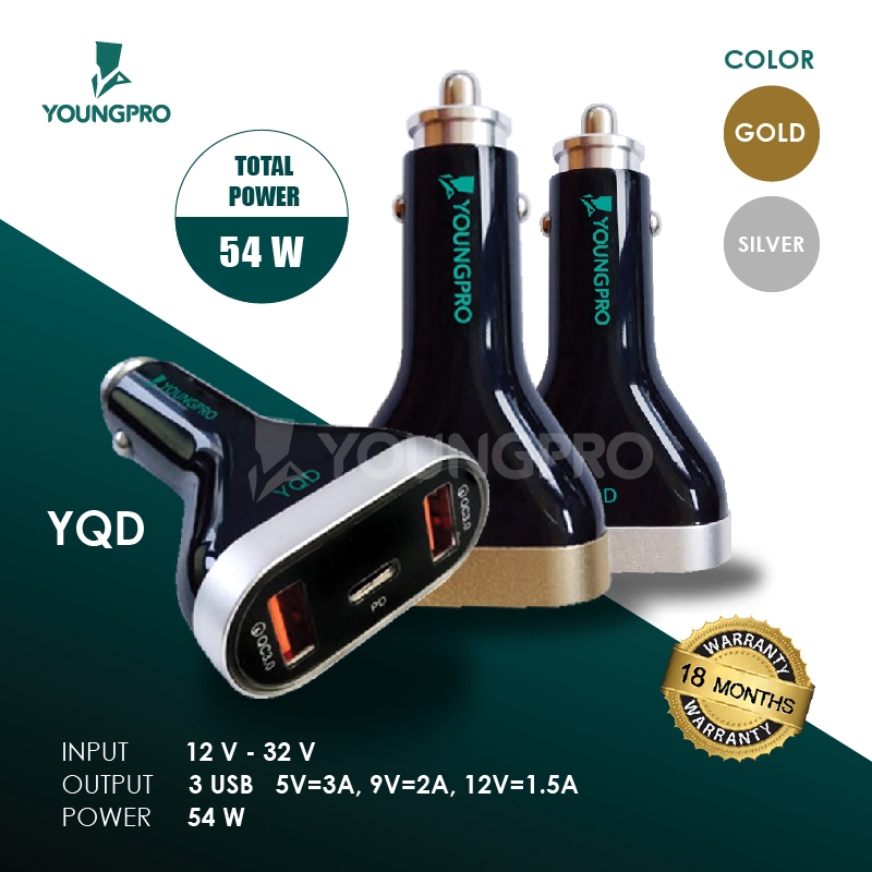 BERGARANSI!! YOUNGPRO CAR CHARGER QUICK CHARGER QC 3.0 PORT POWER DELIVERY YQD-0