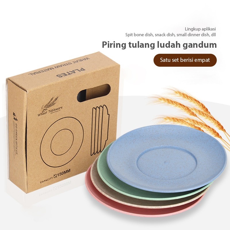 Serbagrosirmurah PM1 Piring Plastik Kecil Wheat Straw Plate 1 Set Isi 4 Jerami Piring Makan Saji Bulat Bahan Jerami Gandum Wheat Straw Warna Warni