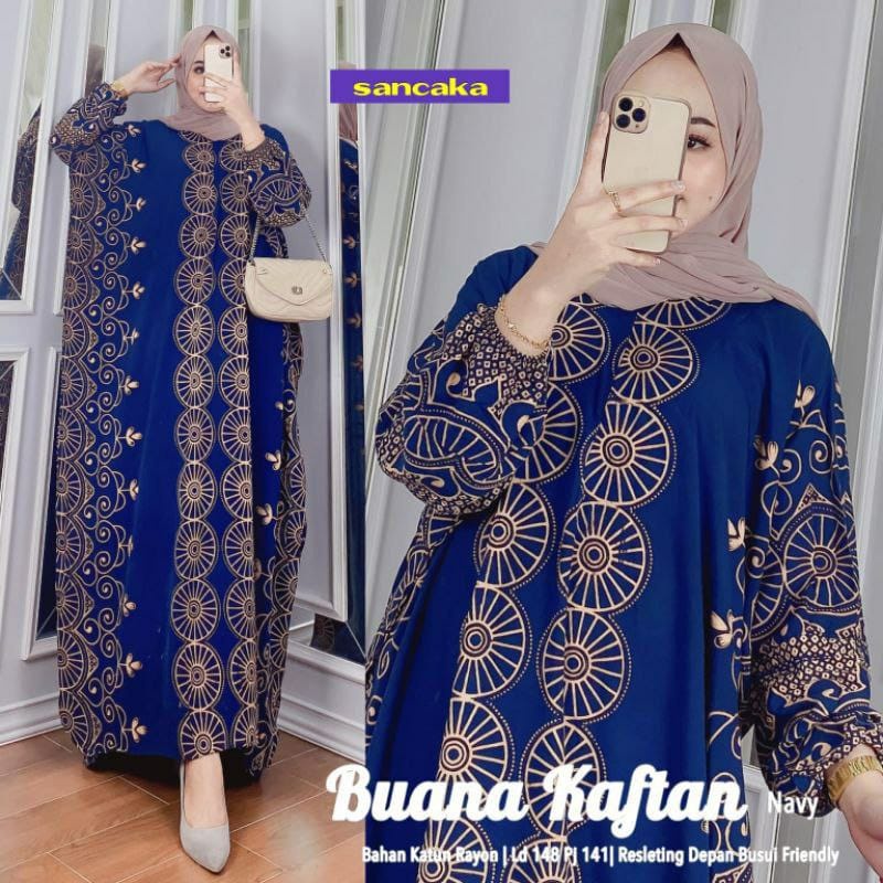 Buana Kaftan Wanita Jumbo XXXXL Motif Roda Lengan Panjang Busui Resleting / Gamis Rayon Jumbo Kaftan Terbaru