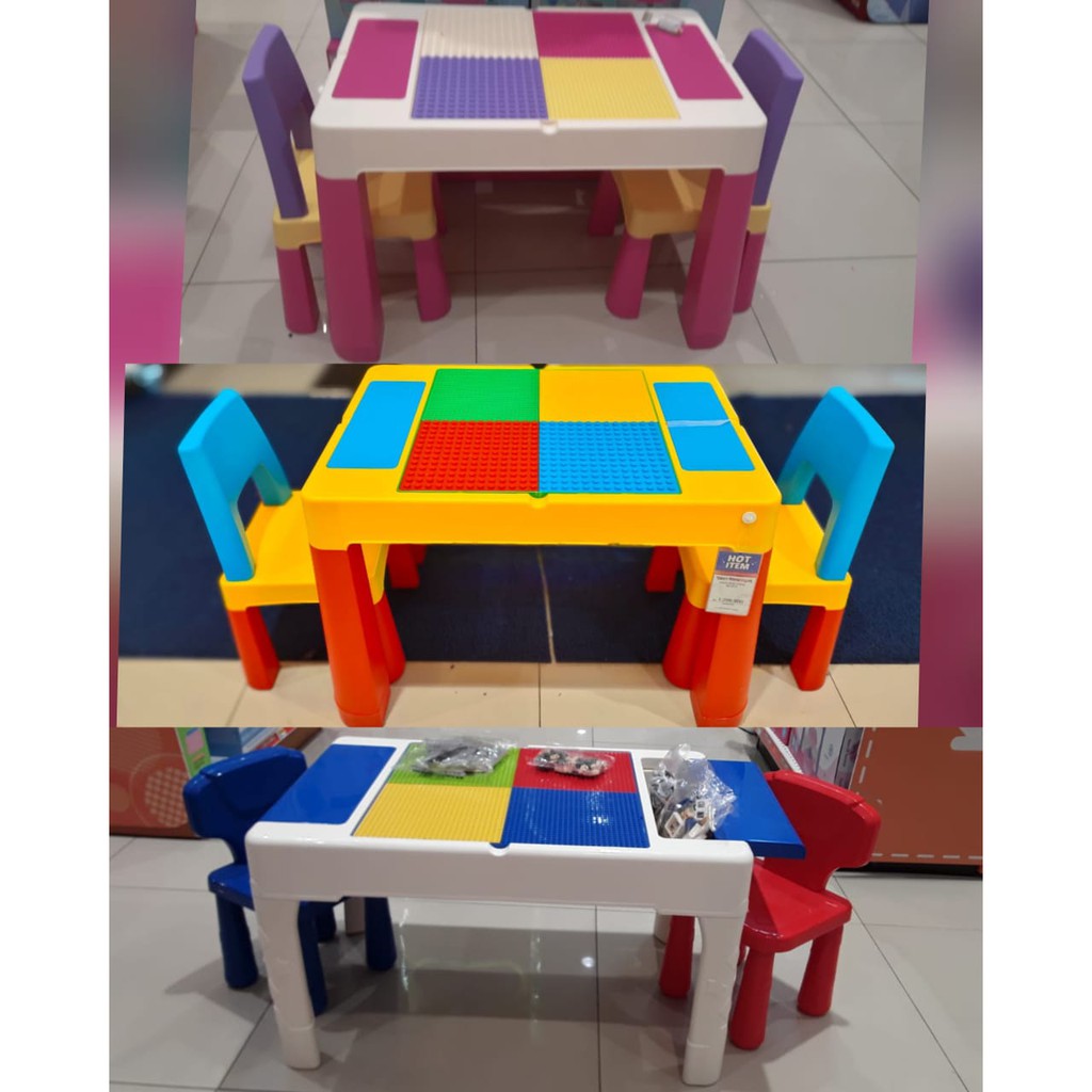 Meja lego balok tulis belajar + 2 kursi Bricks kingdom putih Kiddy star pink merah Paso biru blocks 