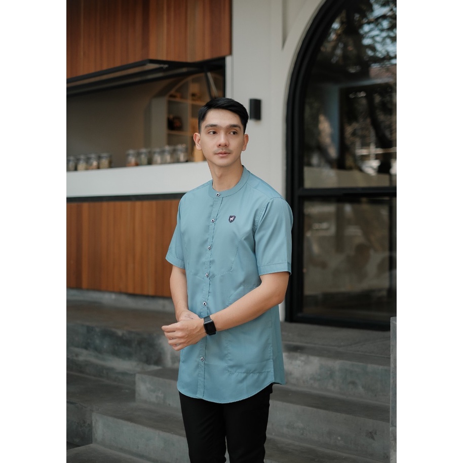 Nayfar Baju Koko Pria Lengan Pendek Full Kancing Toyobo Biru Wardah