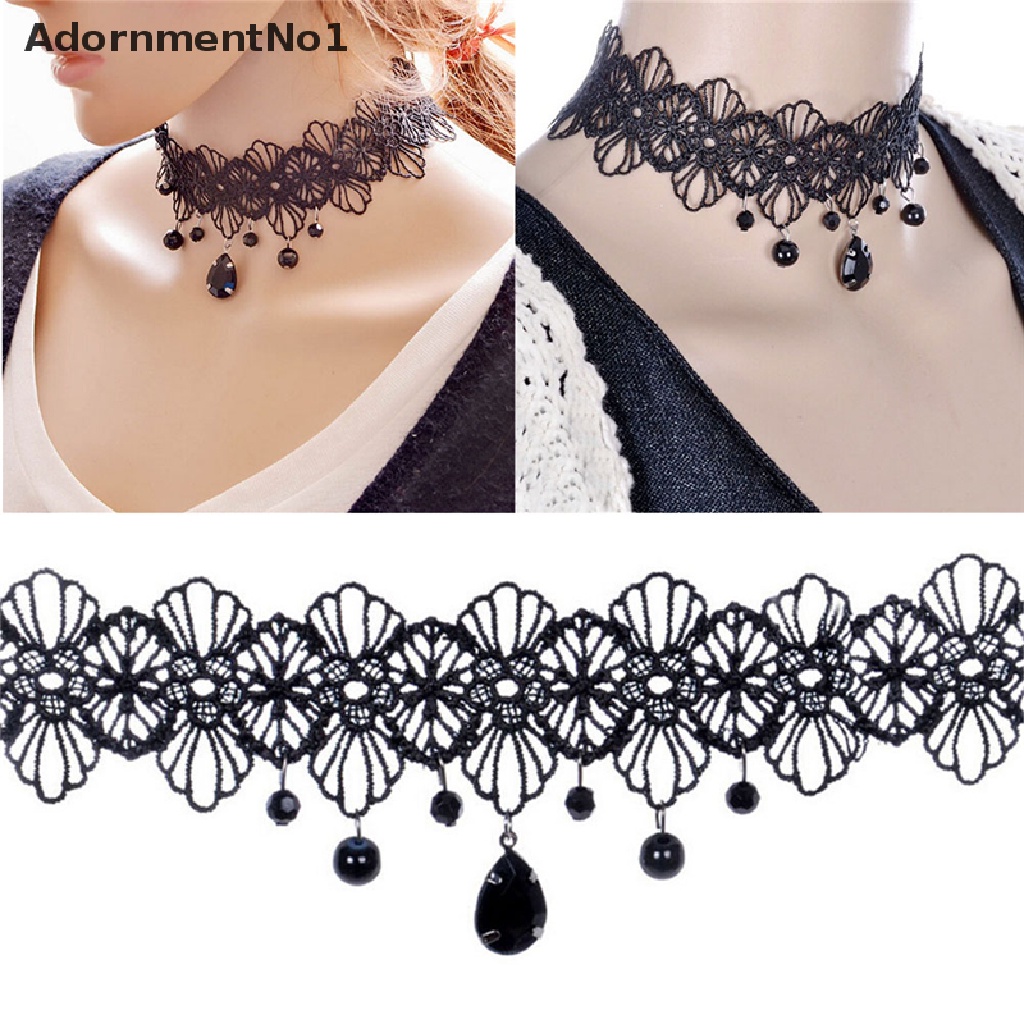 (AdornmentNo1) Kalung Choker Lace Hitam Pendan Bunga Gaya Gotik Retro