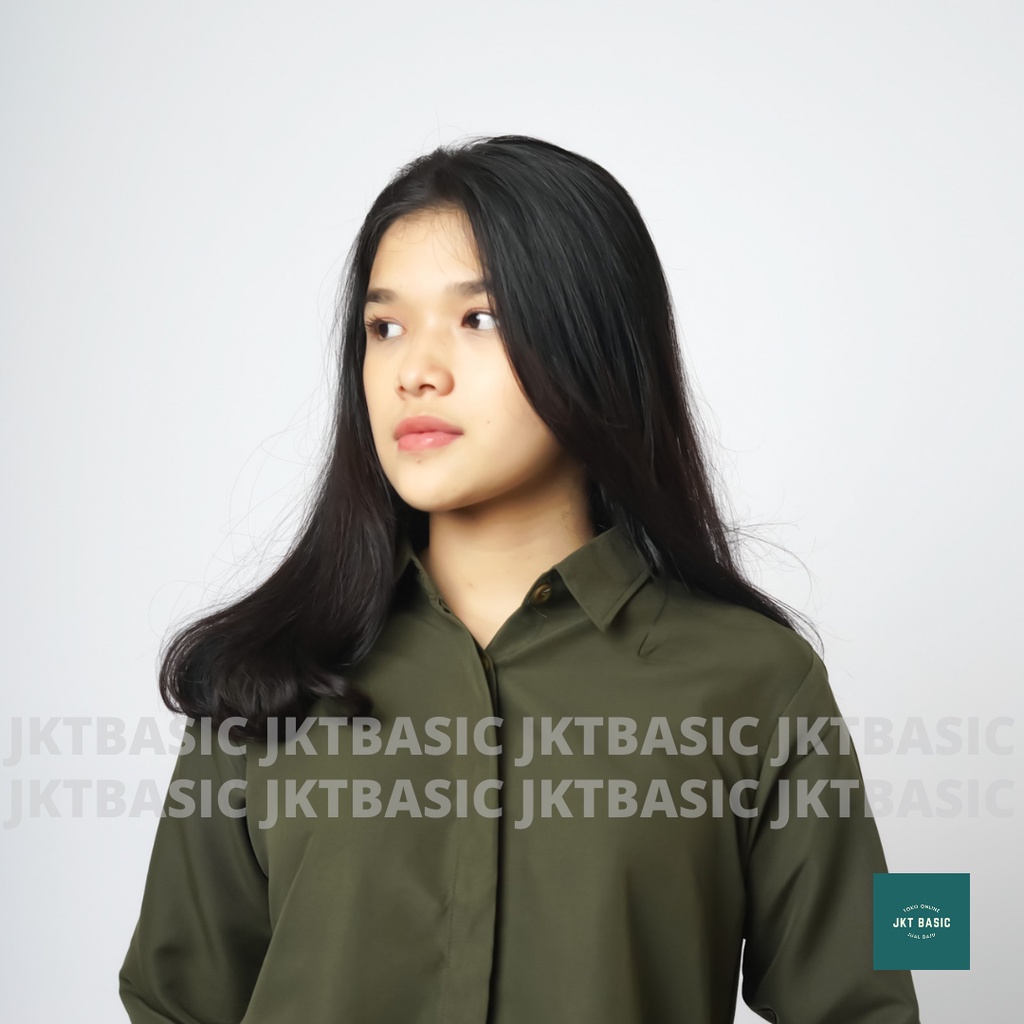Kemeja Wanita Kasual Lengan Panjang Oversize Hijau Army-2