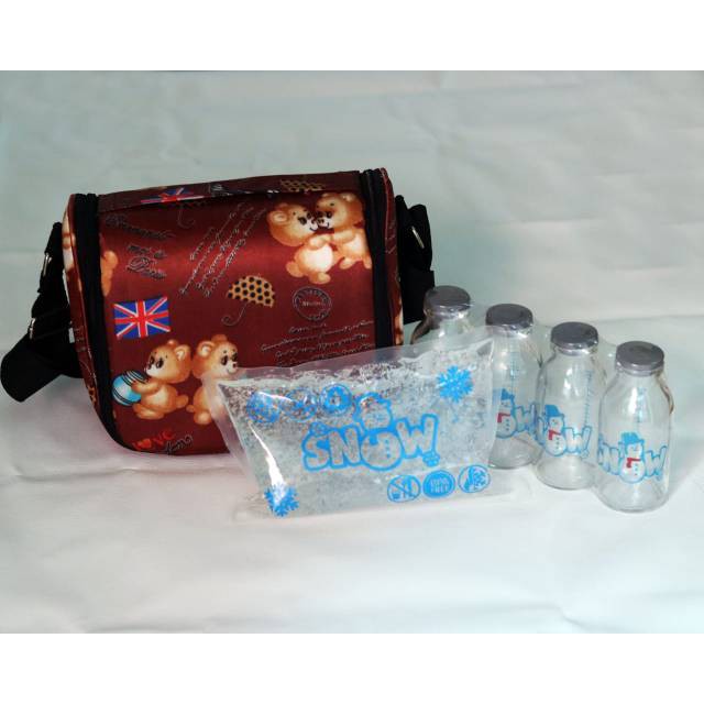 tas tempat asi cooler bag merek snow bonus 4 botol asi kaca dan 1 ice gel