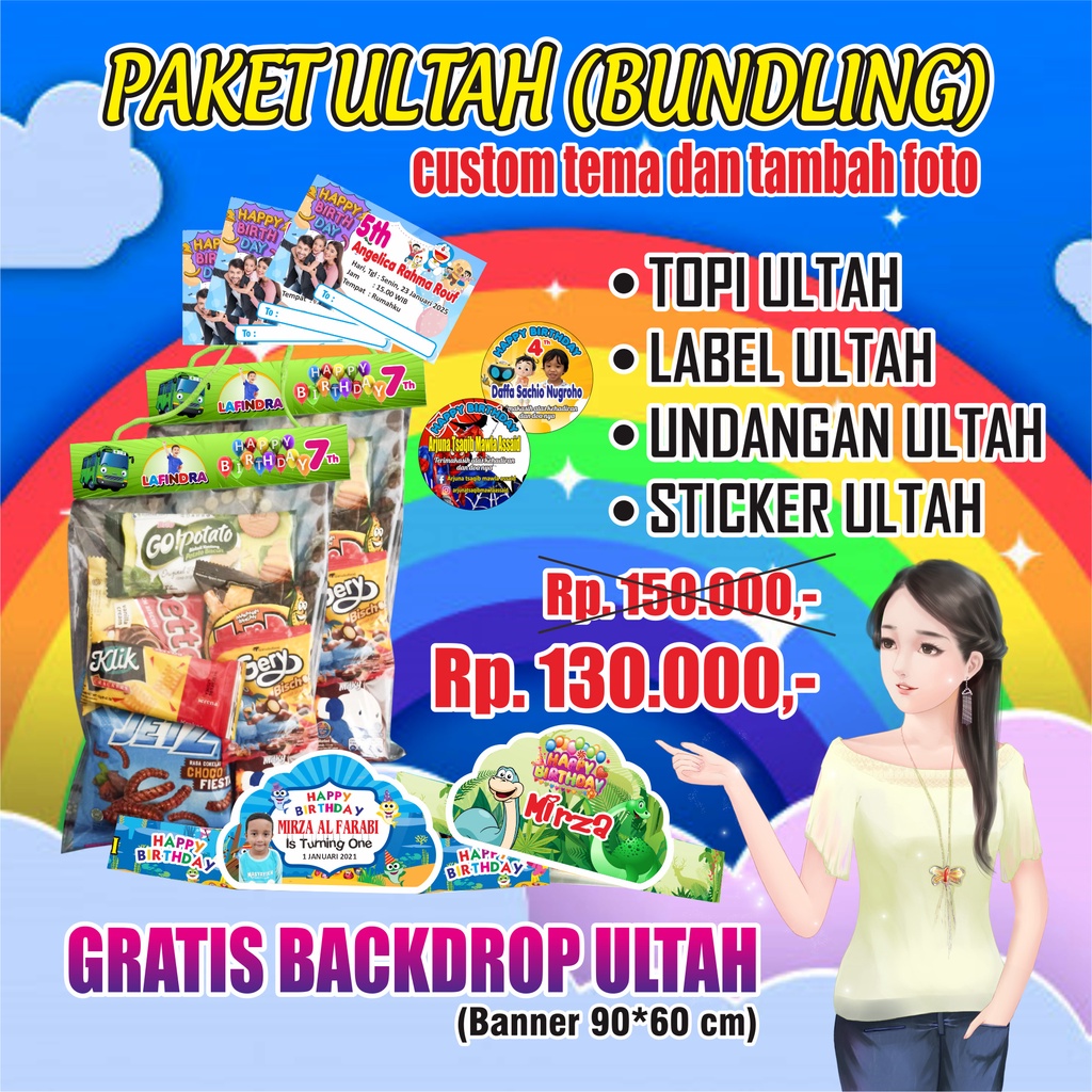 paket ultah ulang tahun anak 30pcs tas ultah tas jinjing plastik topi ultah label ultah undangan ula