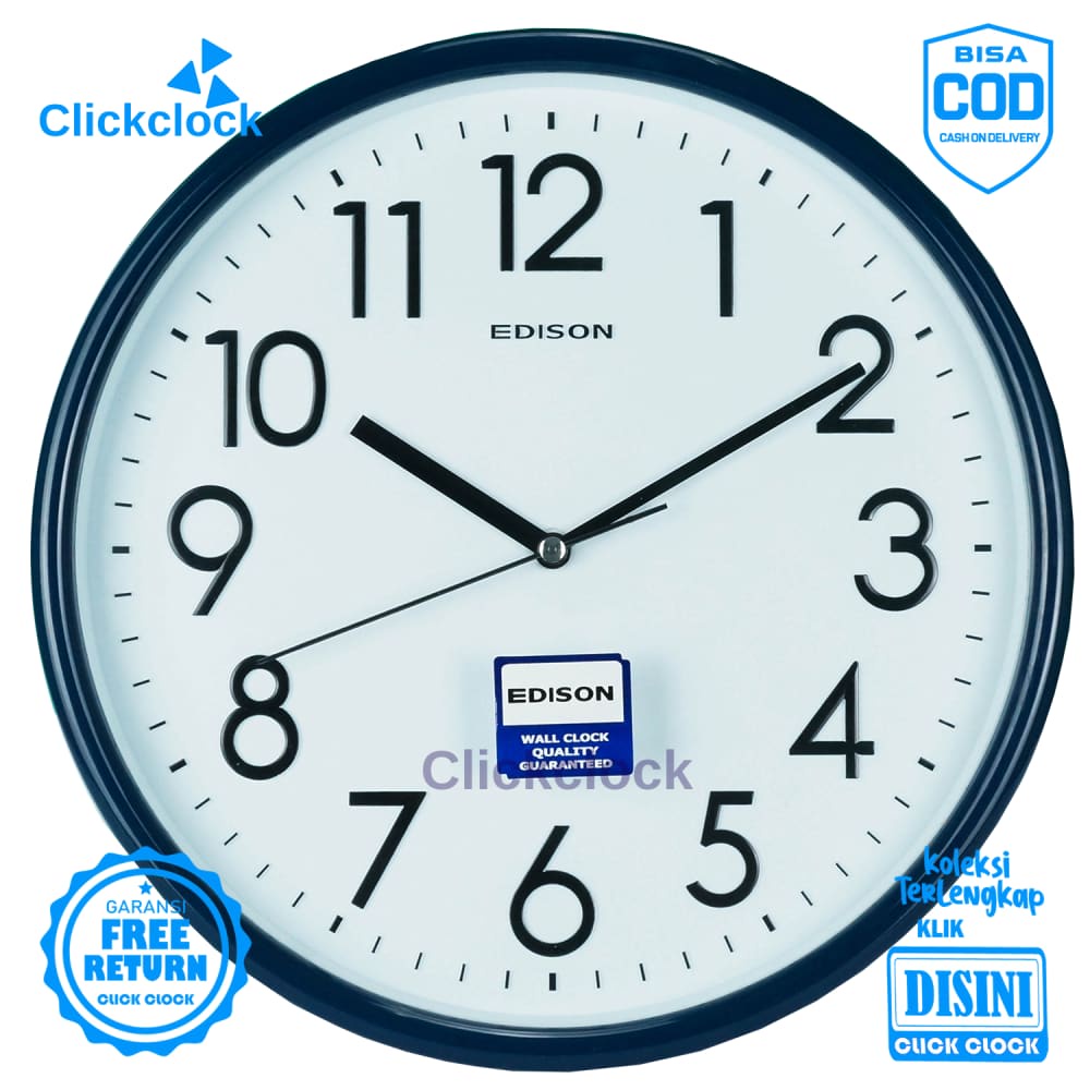 Jam Dinding Analog Minimalis Biru Tua Putih Edison EDW 315 -T5 Besar Hiasan Dinding Murah