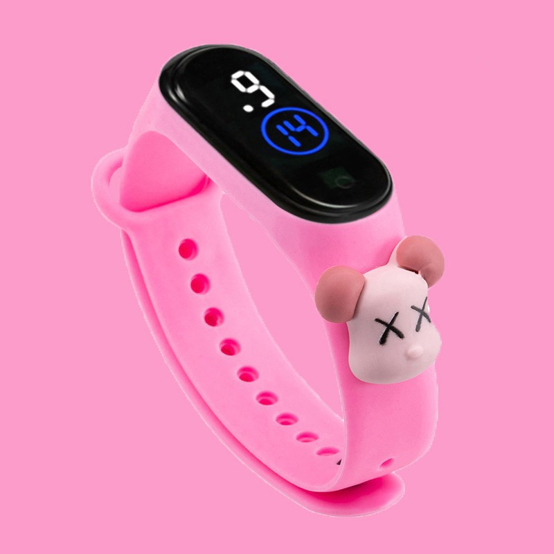 Jam Tangan Elektronik Tahan Air IP67 Motif Kartun Anak Laki-laki Perempuan LED Minimalis Gelang A25-Pink Gloomy Bear