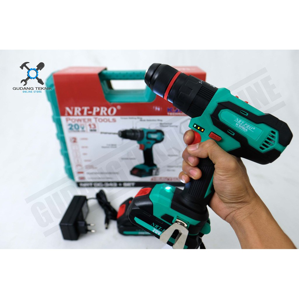 NRT PRO 343 / Cordless NRT PRO DC343 SET 20V Mesin Bor Baterai Portable Impact Hammer Drill 13mm