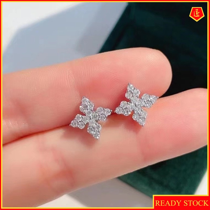 [Ready Stock]Fashionable Simple Pt950 Four-Leaf Flower Stud Earrings