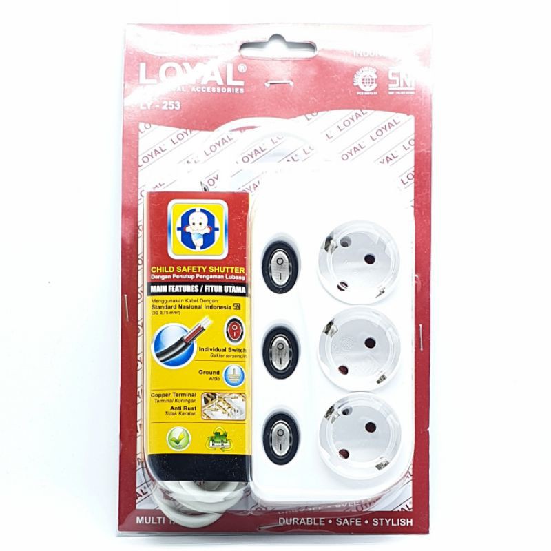 LY-253 Loyal Kualitas Premium Stop Kontak Arde 3 Lubang + 3 Saklar Lampu 1,5 Meter Untuk Watt Besar / Colokan Listrik