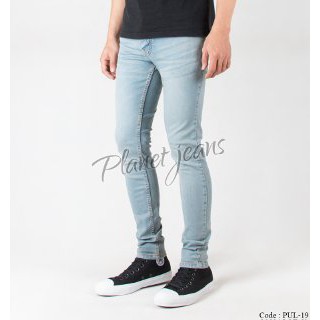 Celana jeans panjang skinny pria blue washed Denim skiny warna Vintage Blue Cowok PUL19