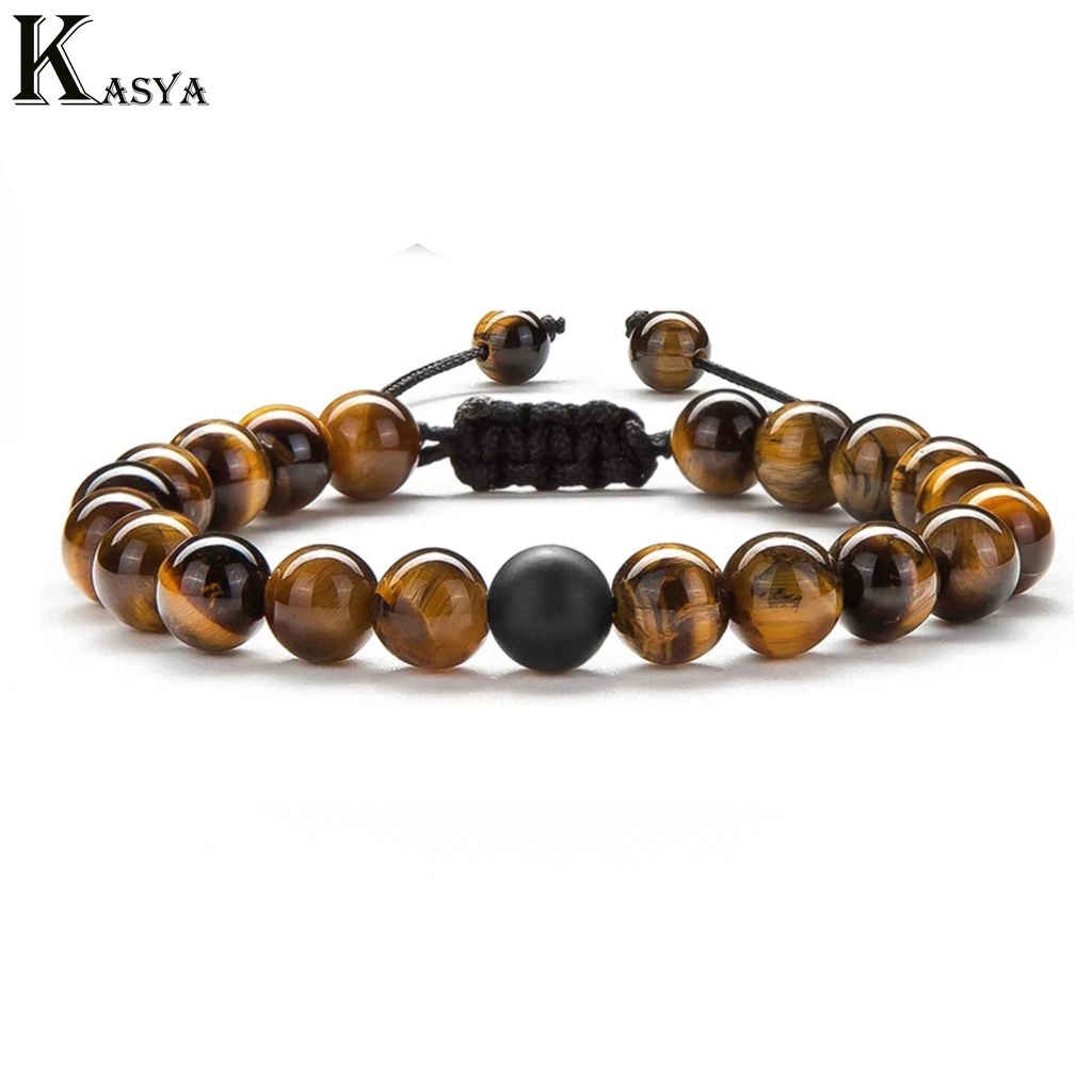 Gelang Batu Couple Natural Tiger eye Charm Onyx Lava Stone 8mm Tali Serut Sambala Untuk Kado Pasangan