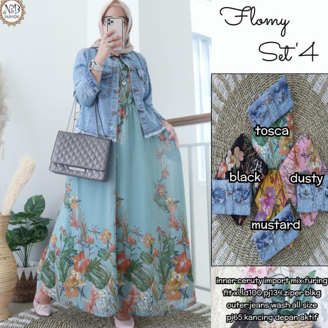 JUAL Dress gamis wanita terbaru ocana maxy 3 rayon adem combi jeans halus - tosca