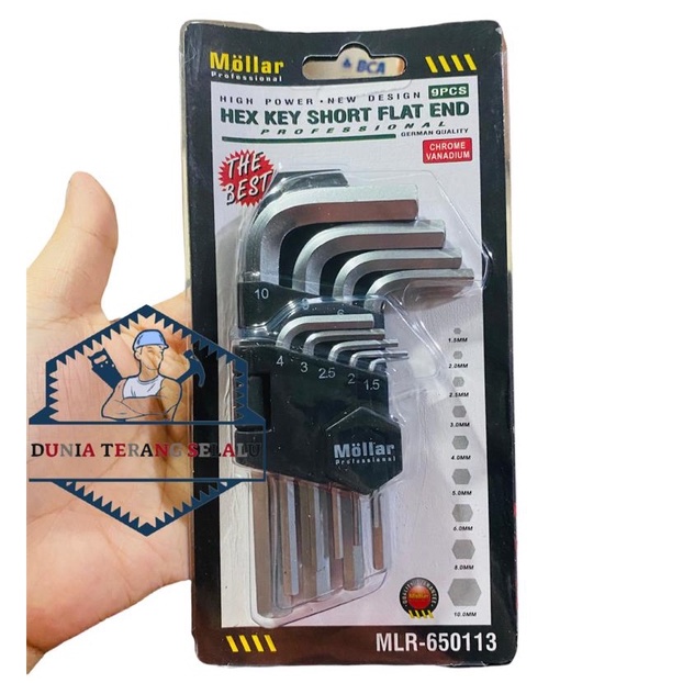 Kunci L Set Hex Key MOLLAR 9 Pcs Pendek Segi 6 Segi Enam - L Hex Key Short Flat End MLR-650113