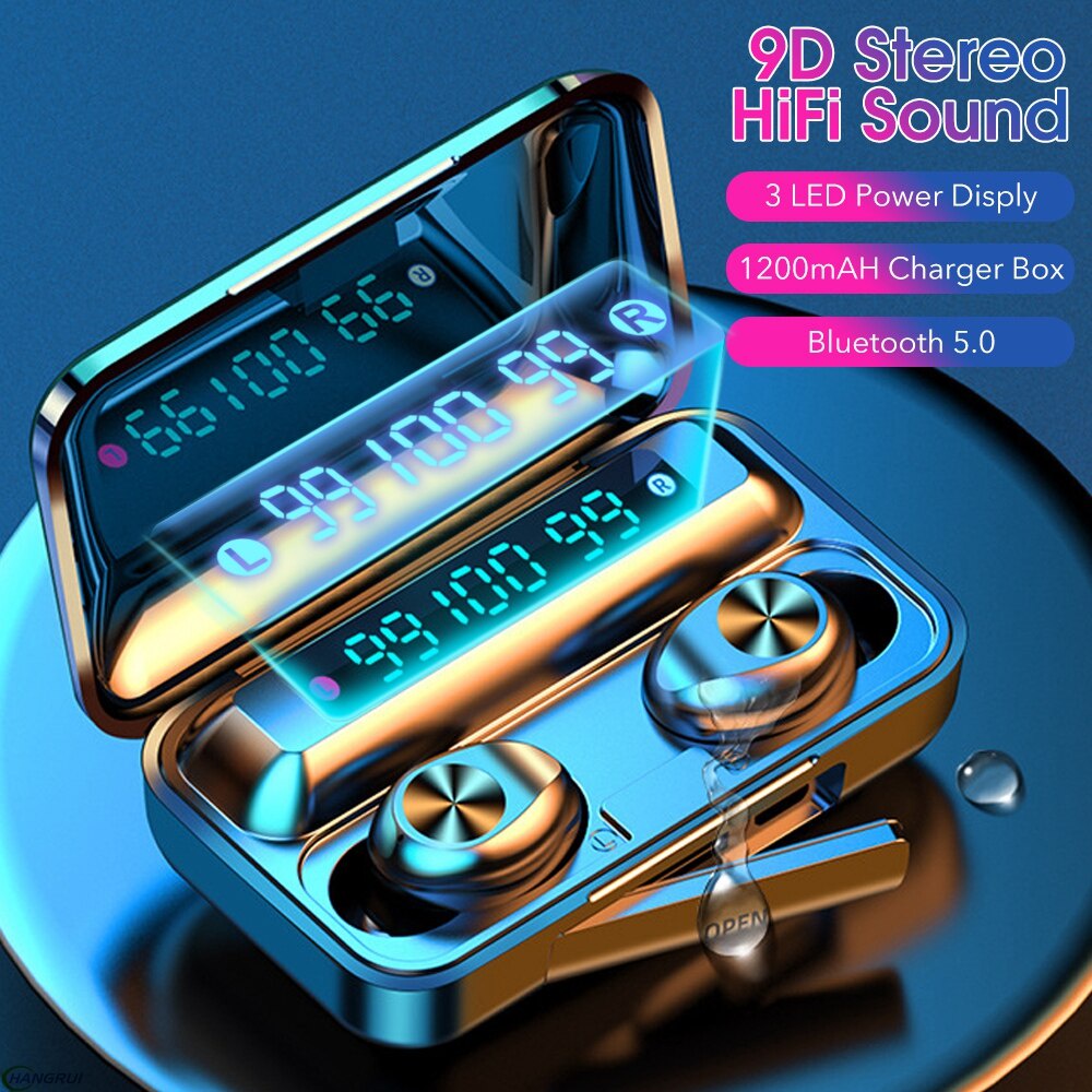 F9-9 Nirkabel Bluetooth Earphone 9D Stereo Earphone Tahan Air TWS