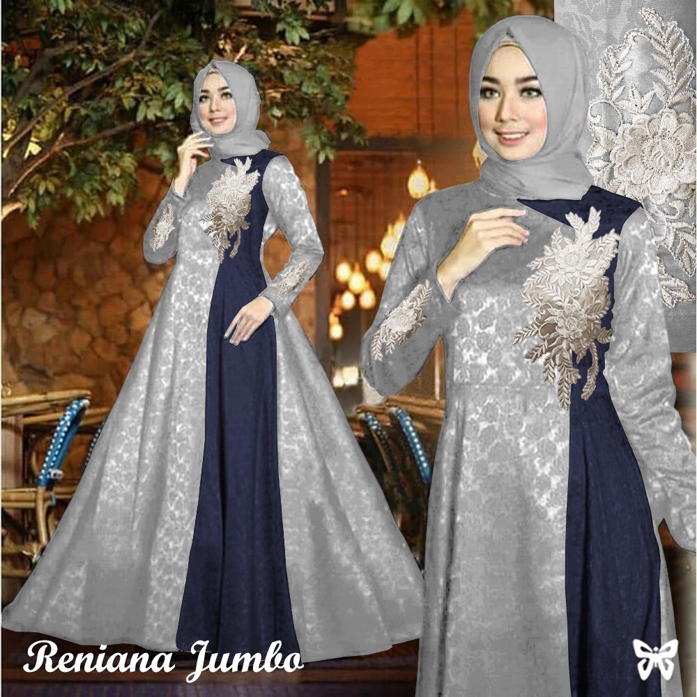 Maxi Gamis Pesta RENIANA L - 5XL Baloteli Emboss Motif Bordir Bunga Mewah Terbaru-Abu Navy