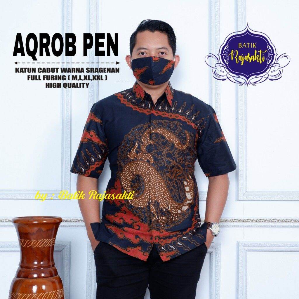 Kemeja batik pria motif naga merah / baju batik lengan panjang /baju batik lengan pendek lapisfuring