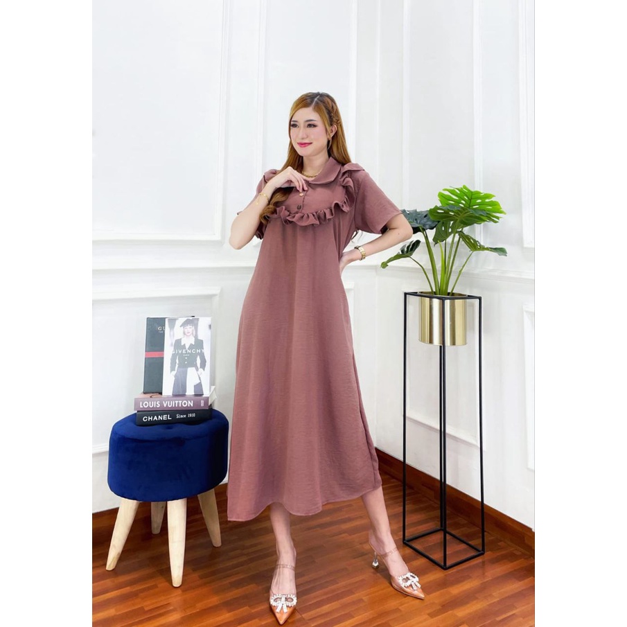 Yuki Dress Wanita Crinkle Airflow Premium Baju Wanita Kekinian Lengan Pendek Maxydress  LD 140 cm