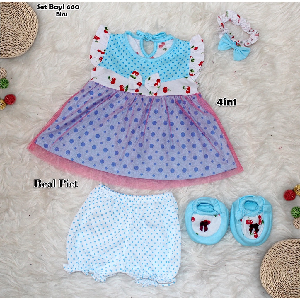 Set Bayi 660 4in1/ Pakaian Bayi Baru Lahir Usia 0-6 Bln/ Setelan Baju Bayi + Celana Pendek + Sepatu Bayi + Bando Karet /