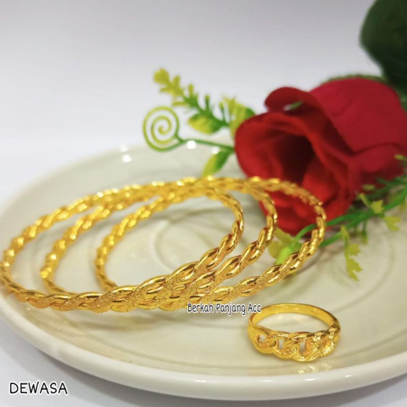 SET GELANG KRONCONG MOTIF+CINCIN RANTAI GOLD 24K ANTI KARAT