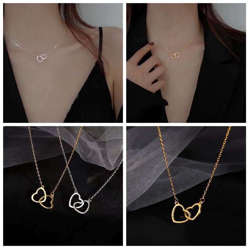 Kalung Choker Rantai Klavikula Desain Hati Ganda Warna Silver Untuk Wanita