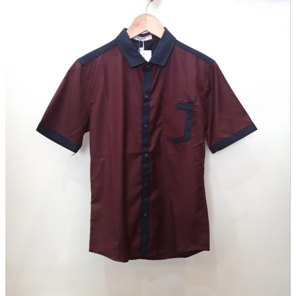 Nxnitrox Kemeja Pria Slimfit Lengan Pendek Maroon hitam K